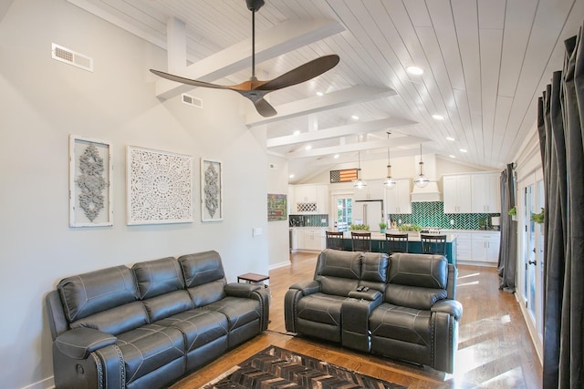 living room with ceiling fan, hardwood / wood-style floors, beam ceiling, high vaulted ceiling, and wooden ceiling