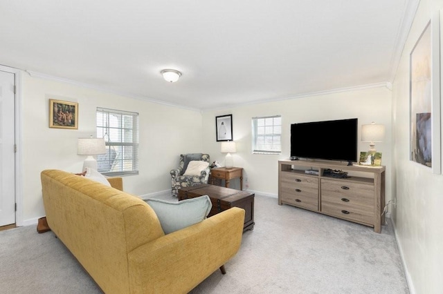 carpeted living room featuring ornamental molding and a healthy amount of sunlight