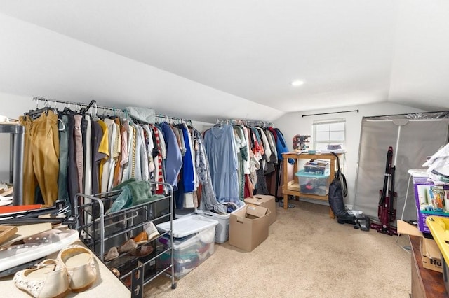 spacious closet with lofted ceiling and carpet flooring