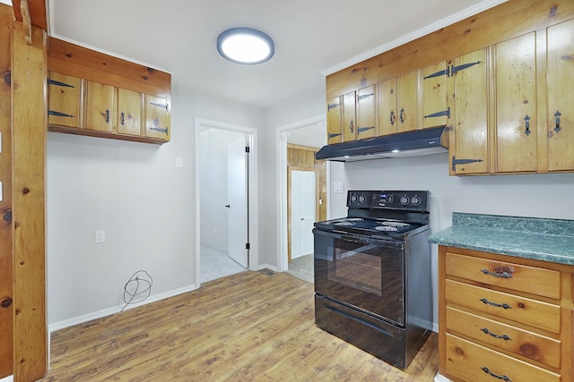 kitchen with electric range and light hardwood / wood-style floors