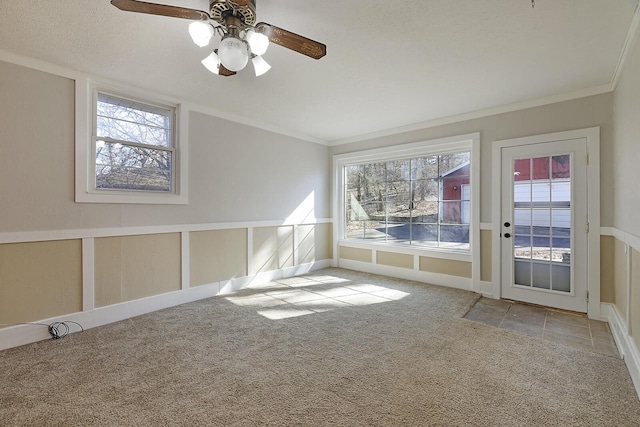 carpeted empty room featuring crown molding