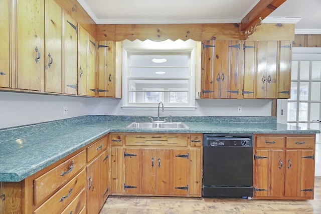 kitchen featuring sink, light hardwood / wood-style flooring, ornamental molding, and dishwasher