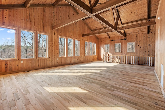 interior space featuring lofted ceiling with beams, light wood-type flooring, and wooden ceiling