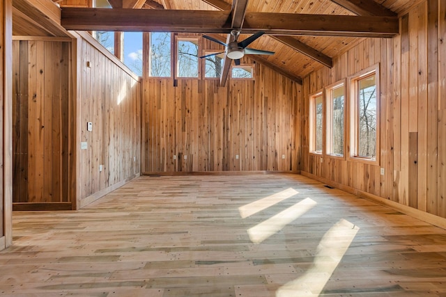 unfurnished room featuring vaulted ceiling with beams, wooden ceiling, ceiling fan, and light wood-type flooring