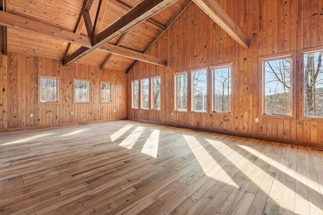 empty room with high vaulted ceiling, wood ceiling, beam ceiling, and light hardwood / wood-style flooring