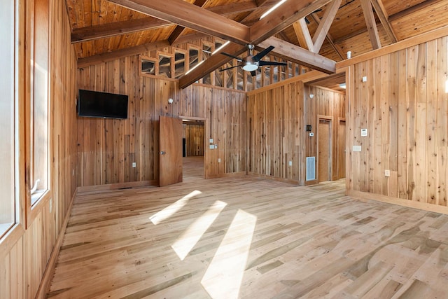 unfurnished living room featuring beamed ceiling, ceiling fan, and wooden ceiling