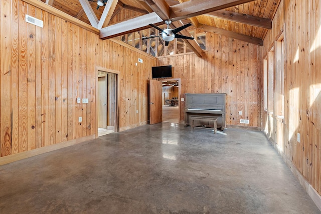 unfurnished living room with beamed ceiling, high vaulted ceiling, wood ceiling, and wood walls