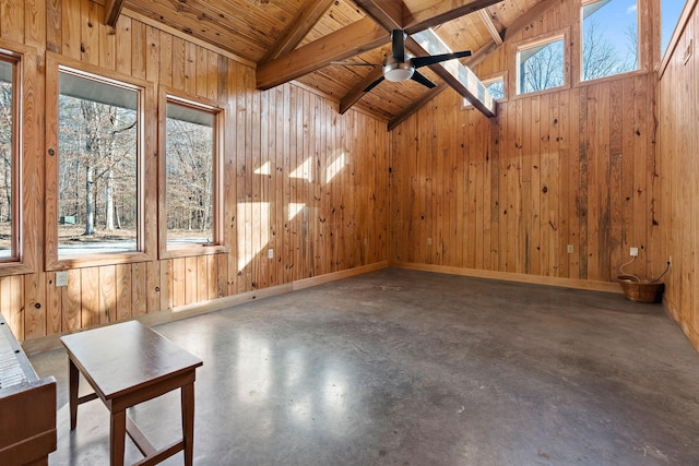 interior space with concrete flooring, wood walls, wood ceiling, vaulted ceiling with beams, and ceiling fan