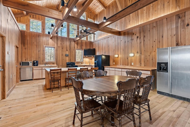 dining area with wooden walls, high vaulted ceiling, beamed ceiling, light hardwood / wood-style floors, and wooden ceiling