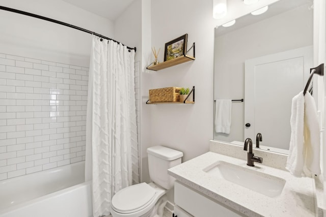 full bathroom with vanity, shower / bath combination with curtain, and toilet