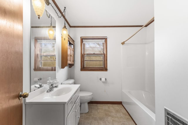 full bathroom with shower / tub combination, vanity, crown molding, and toilet