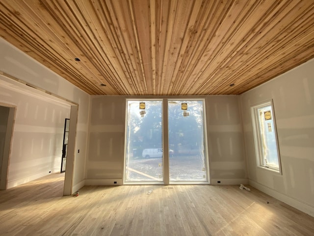 unfurnished room with a healthy amount of sunlight, wood ceiling, and light hardwood / wood-style flooring