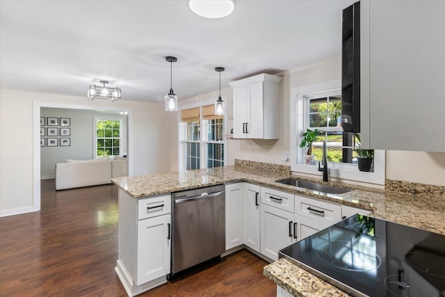 kitchen with dark hardwood / wood-style floors, decorative light fixtures, dishwasher, white cabinets, and kitchen peninsula