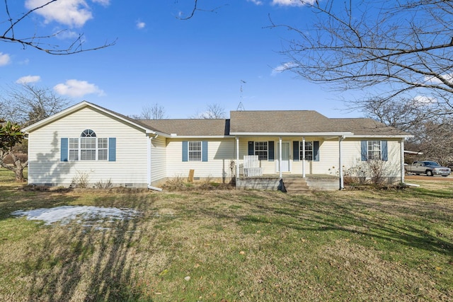 view of front of home with a porch and a front lawn