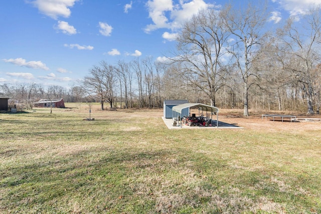 view of yard featuring a carport and a trampoline