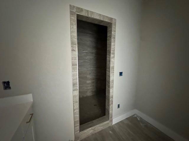 bathroom with hardwood / wood-style floors