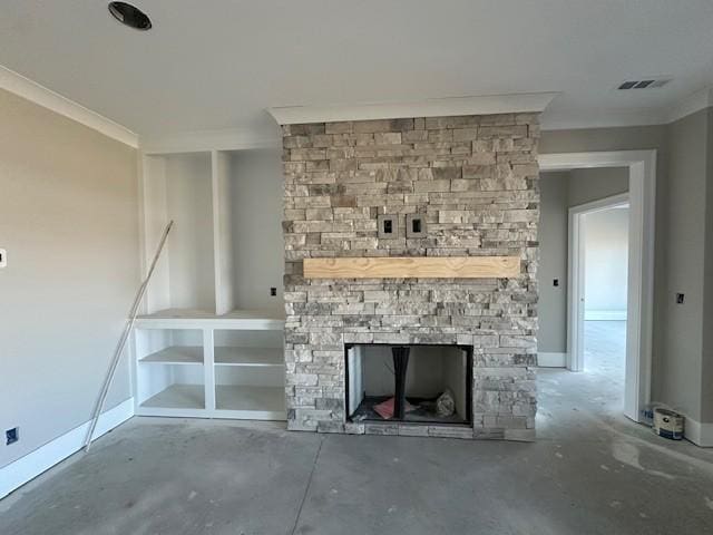 unfurnished living room with crown molding, a fireplace, concrete flooring, and built in shelves