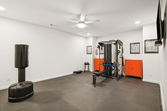 exercise room with ceiling fan