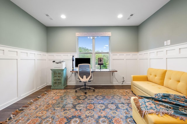 home office featuring dark hardwood / wood-style flooring