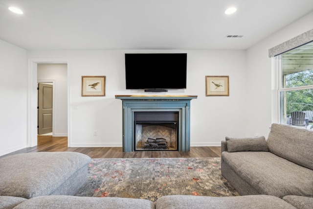 living room with dark wood-type flooring