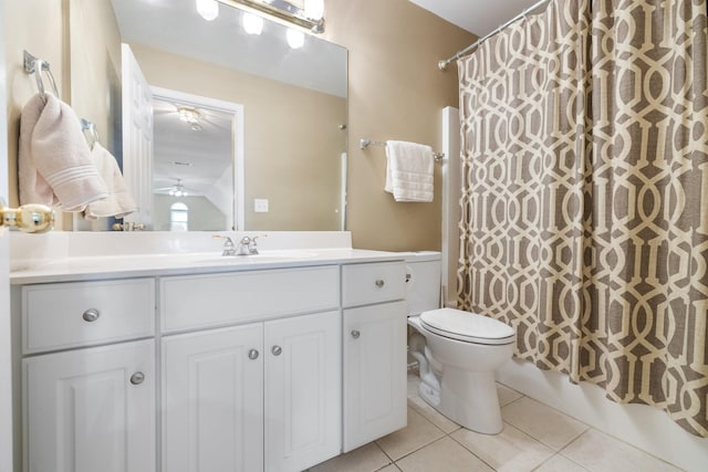 full bathroom with toilet, shower / tub combo, vanity, ceiling fan, and tile patterned flooring