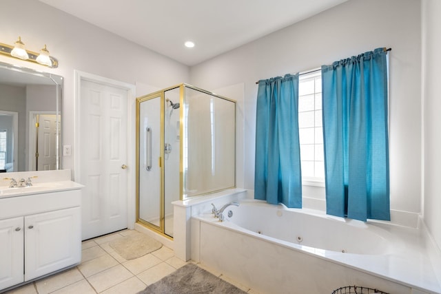 bathroom with tile patterned flooring, vanity, and plus walk in shower