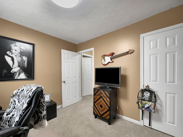 office space with light colored carpet and a textured ceiling