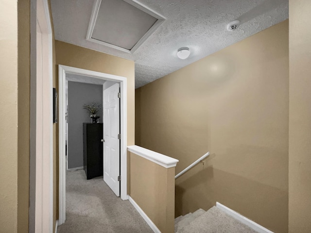 staircase with carpet floors and a textured ceiling