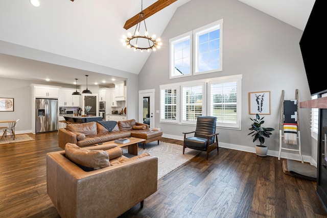 living room with dark wood-type flooring, high vaulted ceiling, beamed ceiling, and a chandelier