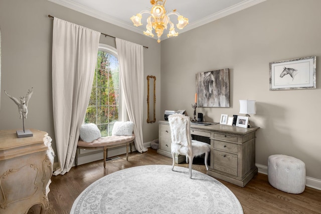 office featuring dark hardwood / wood-style flooring and a notable chandelier