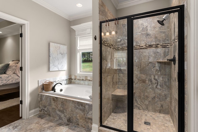 bathroom featuring plus walk in shower and ornamental molding