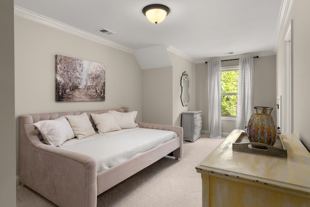 carpeted bedroom featuring crown molding