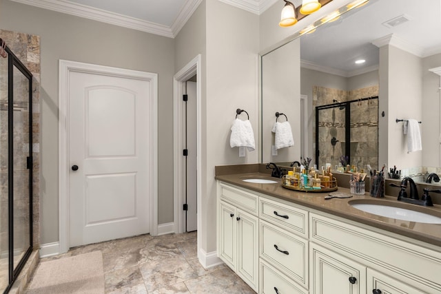 bathroom featuring vanity, ornamental molding, and an enclosed shower