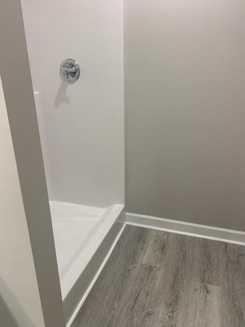 bathroom with wood-type flooring and walk in shower