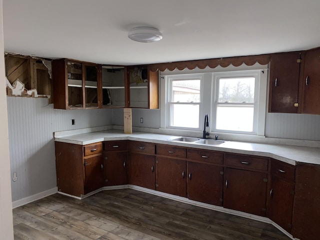 kitchen with dark brown cabinetry, sink, and dark hardwood / wood-style flooring