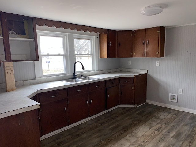 kitchen with dark brown cabinets, sink, and dark hardwood / wood-style flooring