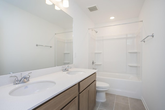 full bathroom with shower / bathtub combination, vanity, toilet, and tile patterned flooring