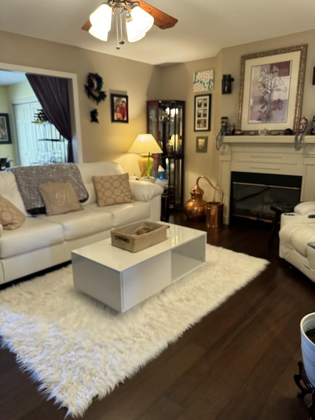 living room featuring ceiling fan and dark hardwood / wood-style flooring