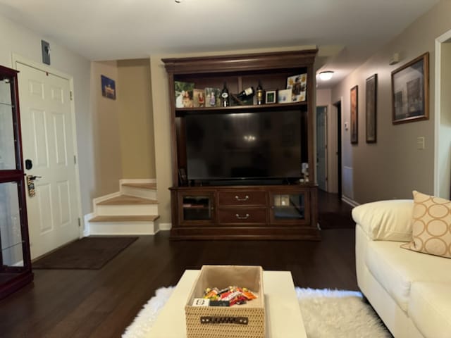 living room with dark hardwood / wood-style flooring