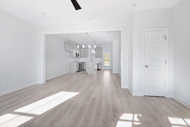 unfurnished living room with light hardwood / wood-style floors and ceiling fan