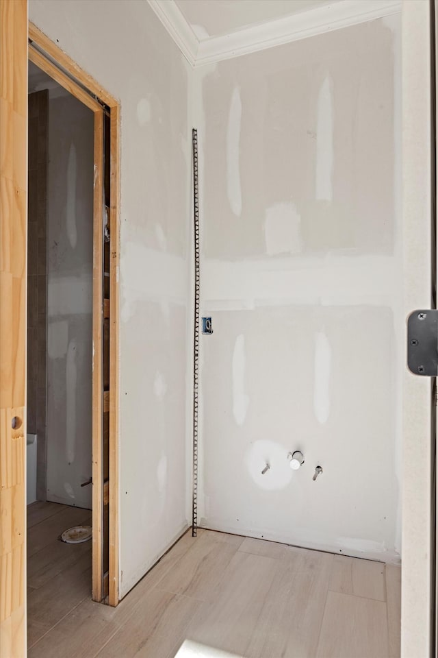 bathroom featuring hardwood / wood-style flooring and ornamental molding