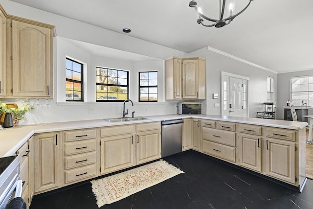 kitchen featuring stainless steel dishwasher, kitchen peninsula, sink, and light brown cabinets