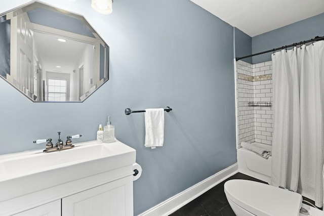 full bathroom featuring shower / bath combination with curtain, tile patterned floors, toilet, and vanity