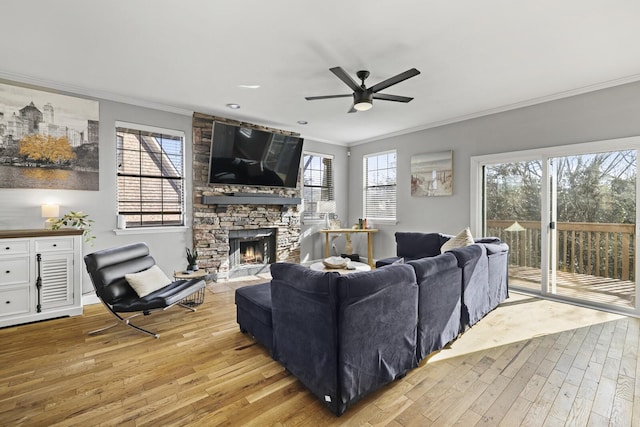 living room featuring a fireplace, a wealth of natural light, and light wood-type flooring