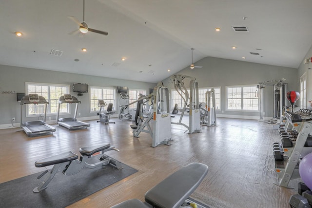 gym featuring light hardwood / wood-style flooring, vaulted ceiling, and ceiling fan