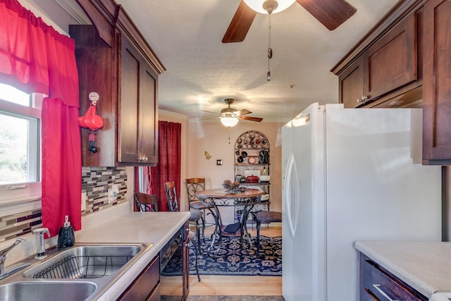 kitchen with tasteful backsplash, sink, white refrigerator, ceiling fan, and light hardwood / wood-style floors