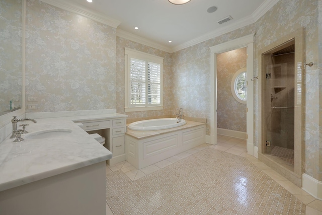 bathroom featuring tile patterned flooring, vanity, crown molding, and independent shower and bath