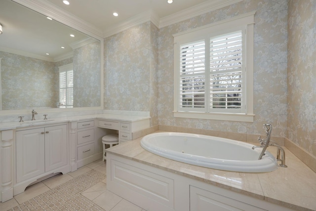 bathroom featuring crown molding, a washtub, tile patterned floors, and vanity