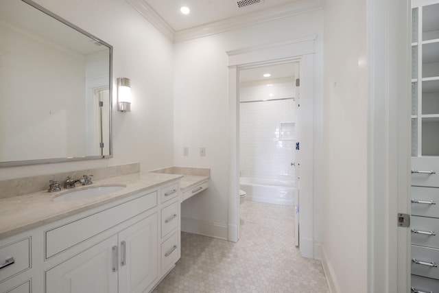 full bathroom featuring crown molding, washtub / shower combination, vanity, and toilet