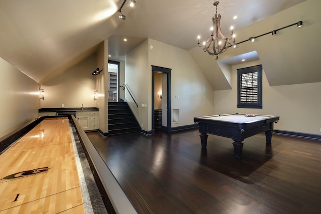 game room with lofted ceiling, dark hardwood / wood-style flooring, and billiards